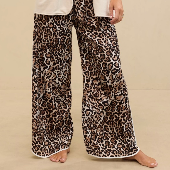 Aerie Size XL Tan Leopard Print Silky Off-Duty Satin Piping Trouser PJ Pants - Picture 6 of 7